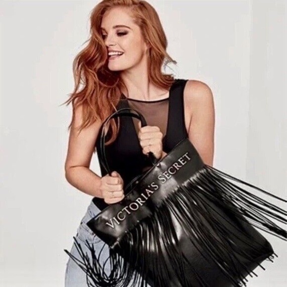 VICTORIA’S SECRET Black Fringe Tote Bag Purse Travel Boho Fringed Large Fringed - Picture 1 of 13